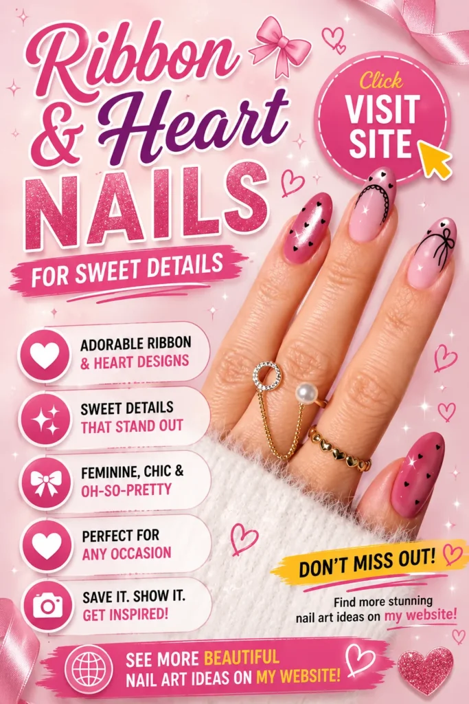 Ribbon and heart nail art featuring soft pink nails, tiny black heart details, ribbon accent designs, glossy almond-shaped manicure, cute summer nail designs, trendy nails 2026, elegant nail designs, and feminine acrylic nail inspiration.