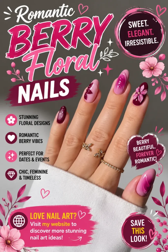 Romantic Berry Floral Nails Romantic berry floral nails featuring deep berry shades, pink floral accents, and elegant almond-shaped nails. Stylish nail art perfect for summer manicures, feminine nail designs, floral nail inspiration, and trendy nail ideas.