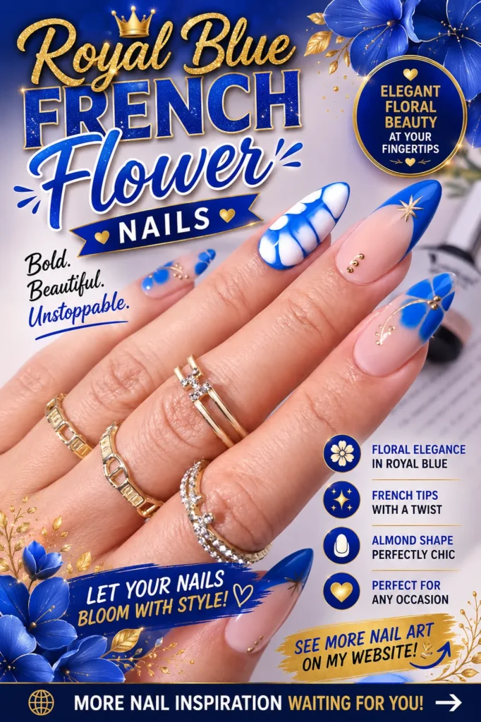 Royal blue French flower nail design featuring elegant almond-shaped nails with blue floral art, classic French tips, gold accents, and a glossy finish. Stylish blue manicure perfect for modern nail inspiration, special occasions, and trendy nail art.