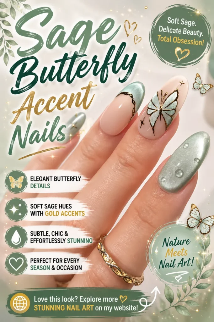 Sage Butterfly Accent Nails featuring soft sage green nail polish, delicate butterfly nail art, gold accents, elegant almond-shaped manicure, trendy nails 2026, classy nail designs, nature-inspired nail art, and sophisticated nail inspiration.