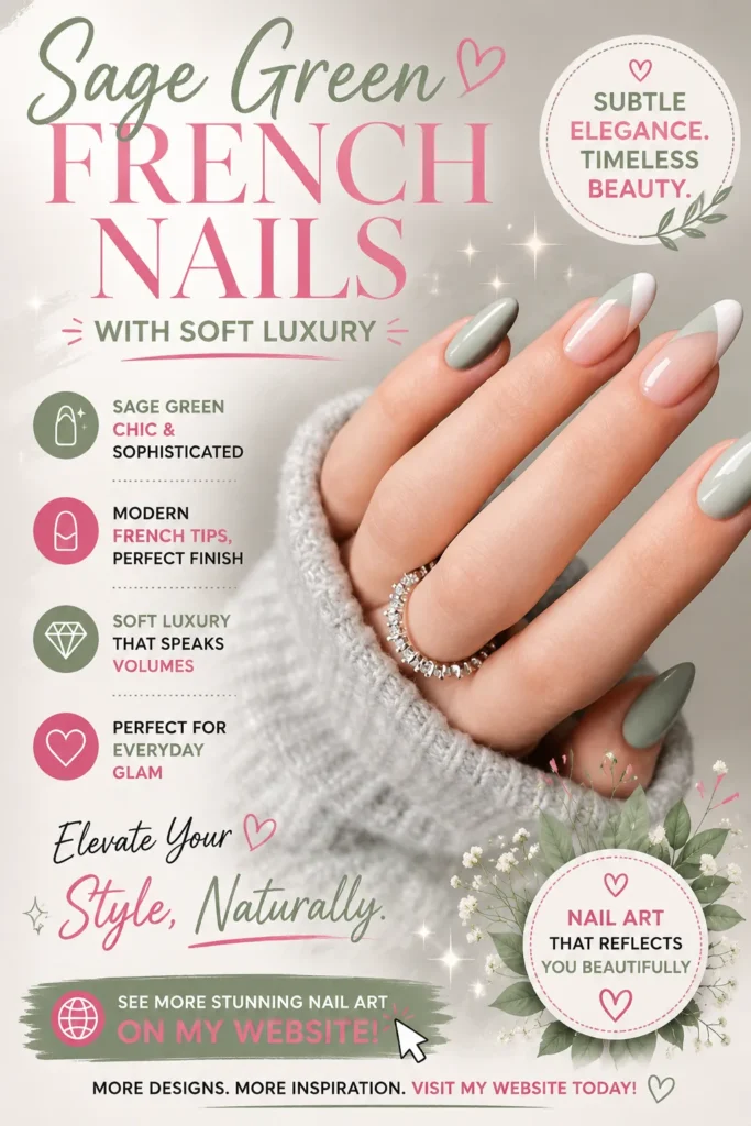 Sage green French tip nails with a soft neutral base and elegant almond shape. Modern French manicure featuring muted green tones, minimalist luxury styling, and sophisticated nail art perfect for everyday elegance and trendy nail inspiration.