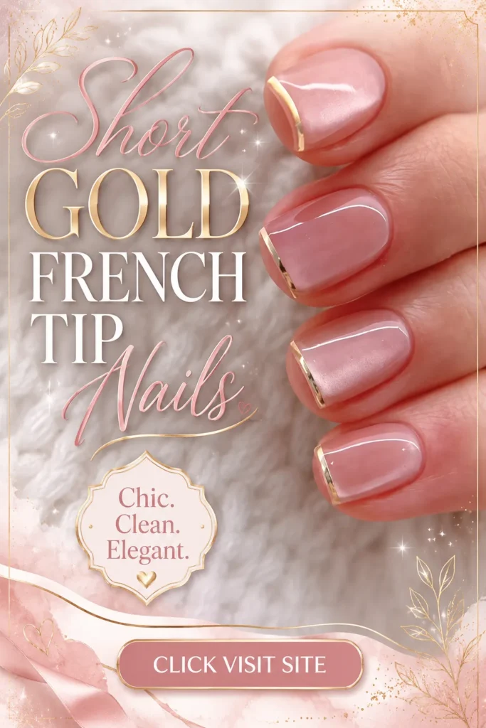 Trendy Nail Art Ideas 2026 featuring short gold French tip nails with a glossy soft pink base, delicate metallic gold tips, elegant nail designs, cute summer nail designs, trendy nails 2026, acrylic nail inspiration, and classy short manicure ideas.