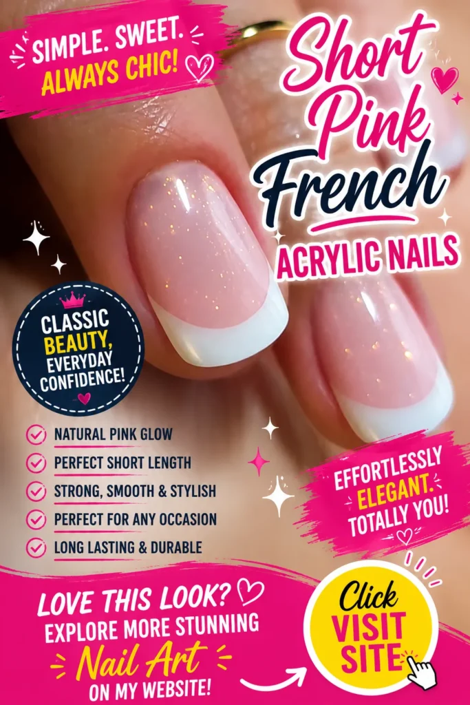 Summer Acrylic Nail Designs featuring short pink French acrylic nails with a soft natural pink base, crisp white French tips, subtle shimmer, and a clean elegant manicure perfect for classy everyday nail art.