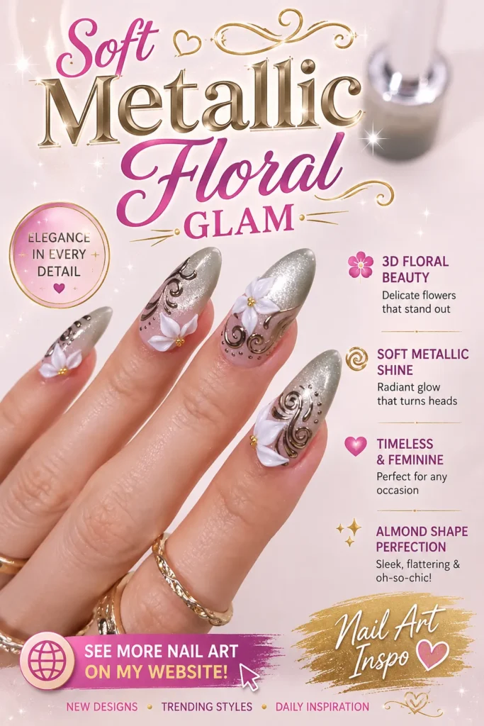 Elegant almond nails featuring soft metallic silver polish, 3D white floral accents, delicate swirl details, and a glossy finish. A luxurious floral nail art design perfect for weddings, special occasions, and trendy manicure inspiration.