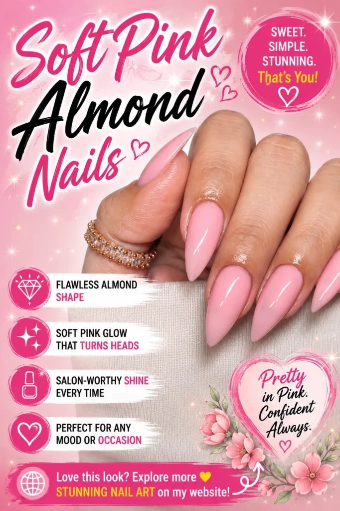 Soft pink almond nails with a glossy finish and elegant almond shape. Feminine pink manicure featuring clean, minimalist nail art perfect for summer, weddings, everyday wear, classy nail designs, and modern nail inspiration.