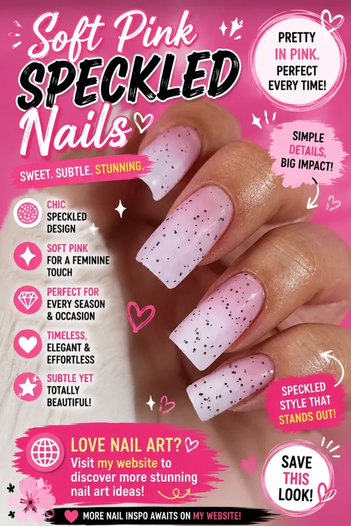 Soft Pink Speckled Nails Soft Pink Speckled Nails featuring glossy square-shaped nails with a pastel pink base and black speckled details. A minimalist and elegant nail art design perfect for everyday wear, special occasions, and trendy manicures in 2026.
