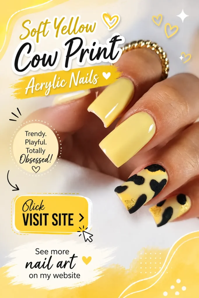 Summer Acrylic Nail Designs featuring soft yellow cow print acrylic nails with glossy pastel yellow polish, black cow print accents, square-shaped manicure, cute summer nail designs, trendy nails 2026, playful nail art ideas, and stylish acrylic nail inspiration.
