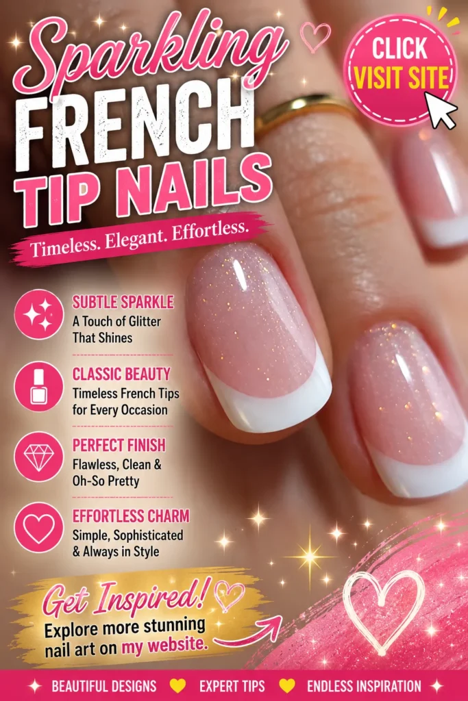 Sparkling French tip nail art featuring clean white tips, soft pink glossy nails, subtle glitter shimmer, elegant nail designs, trendy nails 2026, cute summer nail designs, acrylic nail inspiration, and timeless manicure ideas.