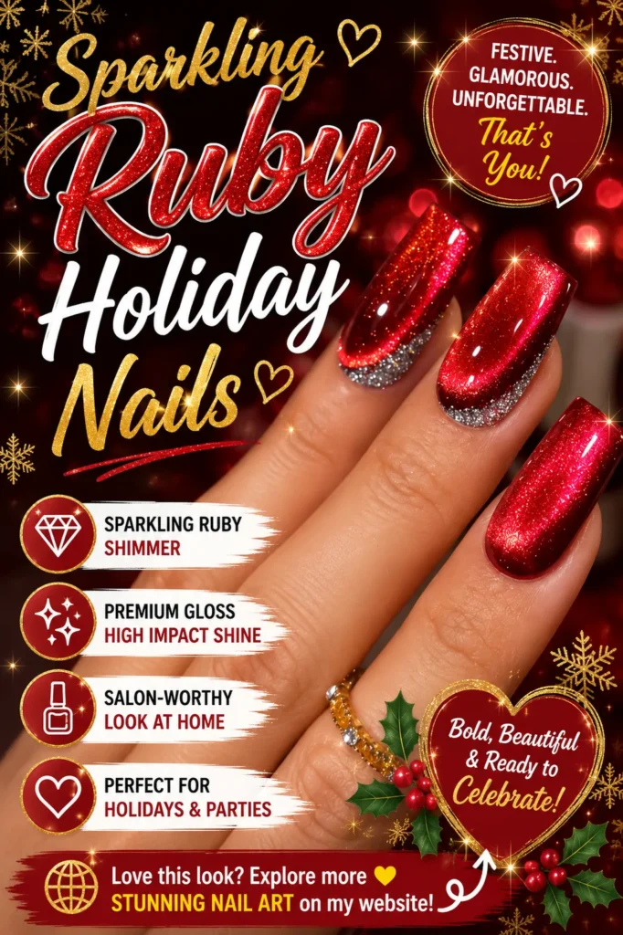 Sparkling Ruby Holiday Nails featuring deep ruby red shimmer polish, metallic shine, and glamorous festive nail art. Elegant red manicure with glitter accents, perfect for Christmas nails, holiday parties, winter nail inspiration, and trendy nail designs.