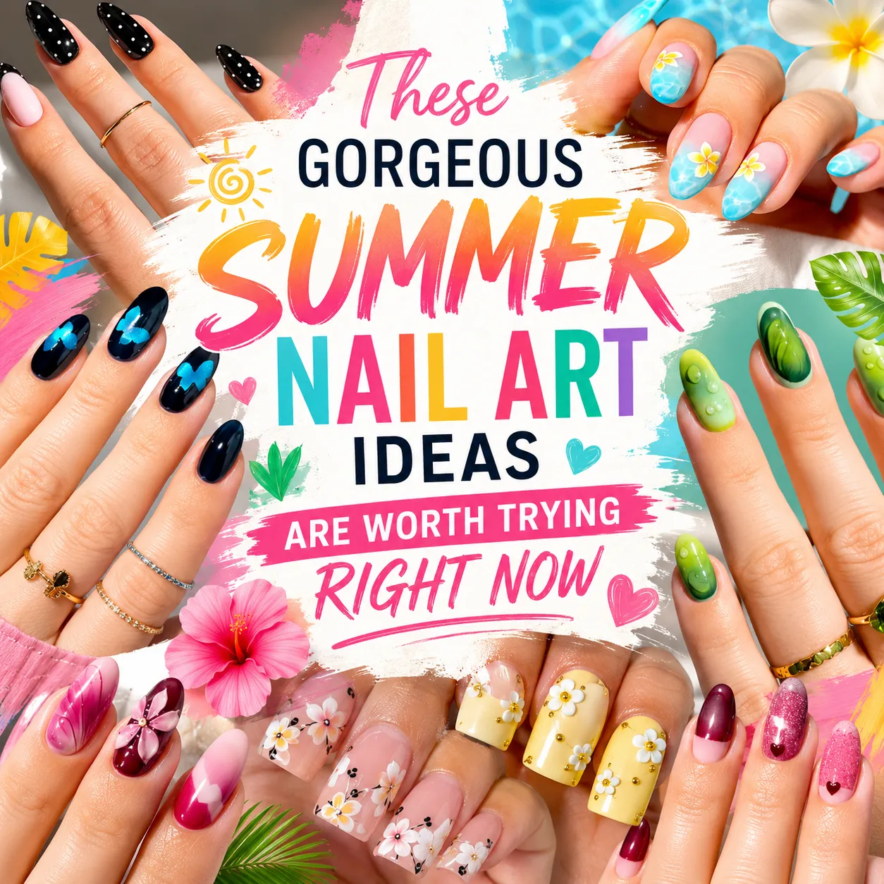 Collection of gorgeous nail designs featuring floral accents, French tips, marble patterns, glitter nails, and trendy Summer Nail Art Ideas.