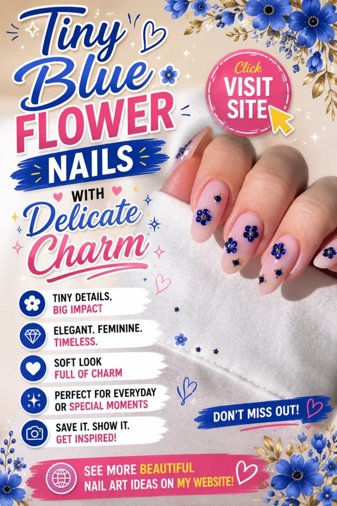 Tiny blue flower nail art featuring soft pink nails, delicate blue floral accents, glossy almond-shaped manicure, elegant nail designs, trendy nails 2026, cute summer nail designs, acrylic nail inspiration, and feminine nail art ideas.