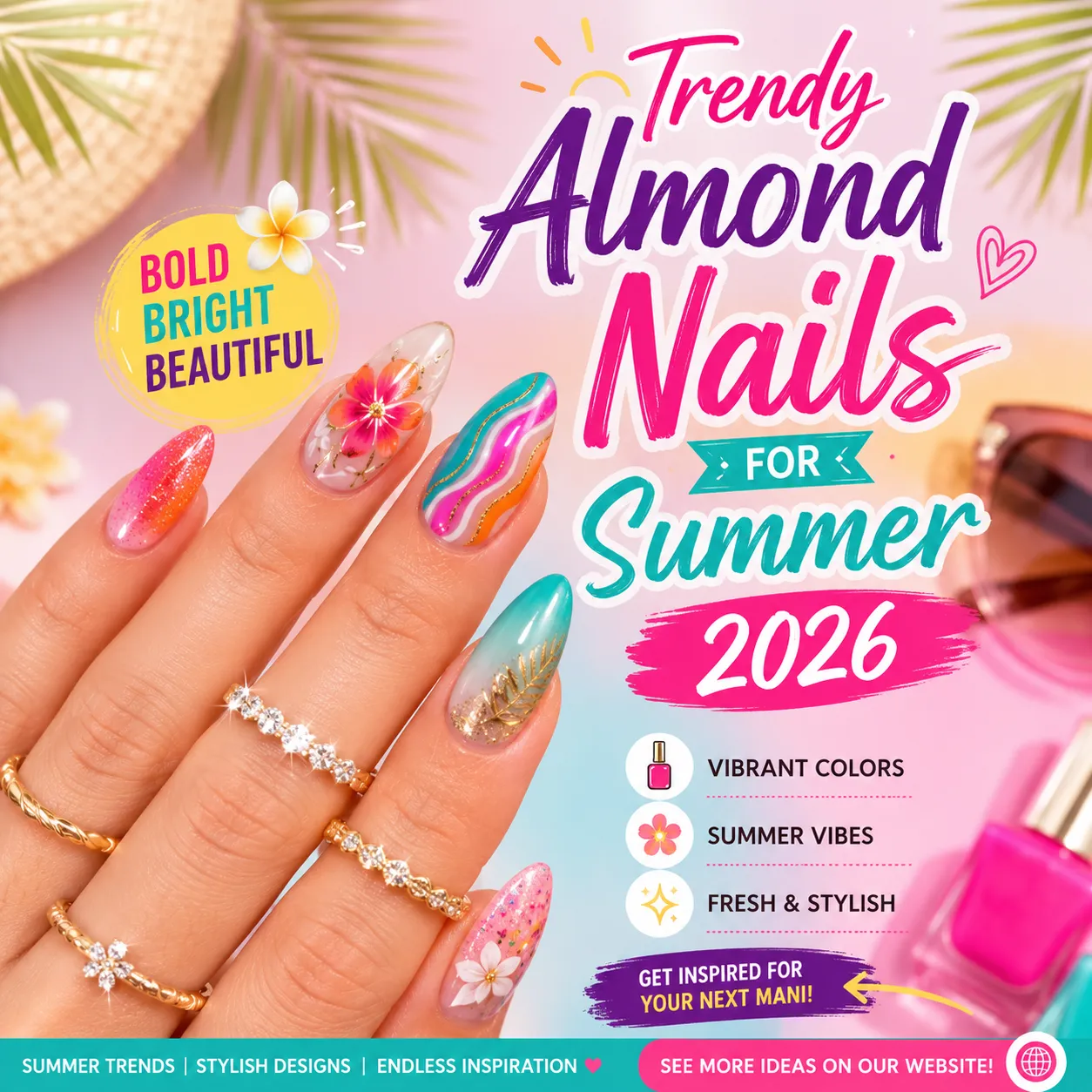 Trendy almond nails for Summer 2026 featuring floral, chrome, colorful, and elegant Summer Nail Art Ideas.