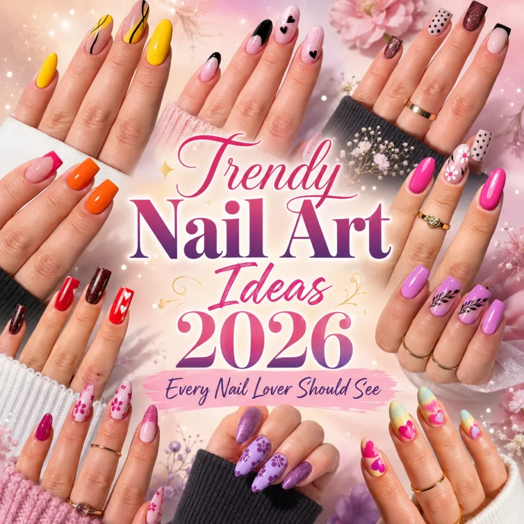 Trendy Nail Art Ideas 2026 featuring colorful glossy nails, swirl designs, glitter tips, hearts, and floral manicure details.
