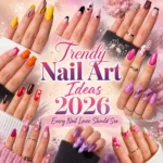 Trendy Nail Art Ideas 2026 featuring colorful glossy nails, swirl designs, glitter tips, hearts, and floral manicure details.