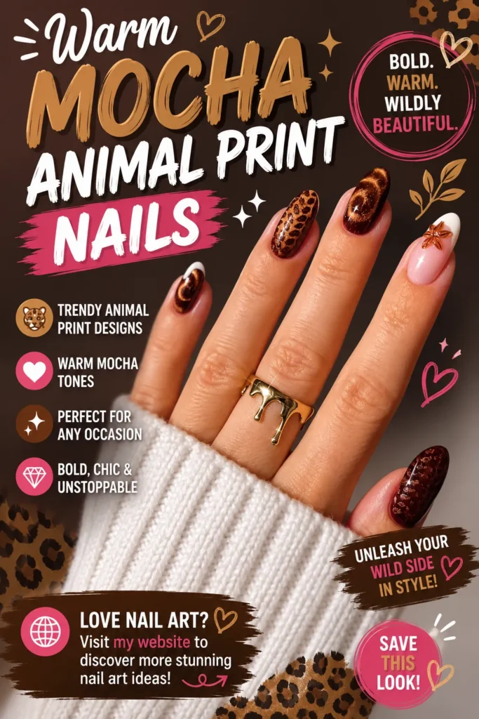 Warm Mocha Animal Print Nails Warm mocha animal print nails featuring leopard print accents, glossy brown tones, and elegant almond-shaped nails. Trendy nail art design with chic animal patterns, fashionable manicure inspiration, and stylish nail trends perfect for any season.