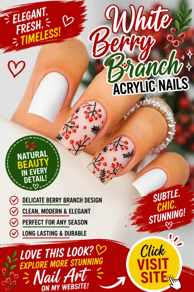 Summer Acrylic Nail Designs pin featuring white berry branch acrylic nails with crisp white polish, delicate red berry branch nail art, square-shaped manicure, and a clean elegant style for trendy nail inspiration.