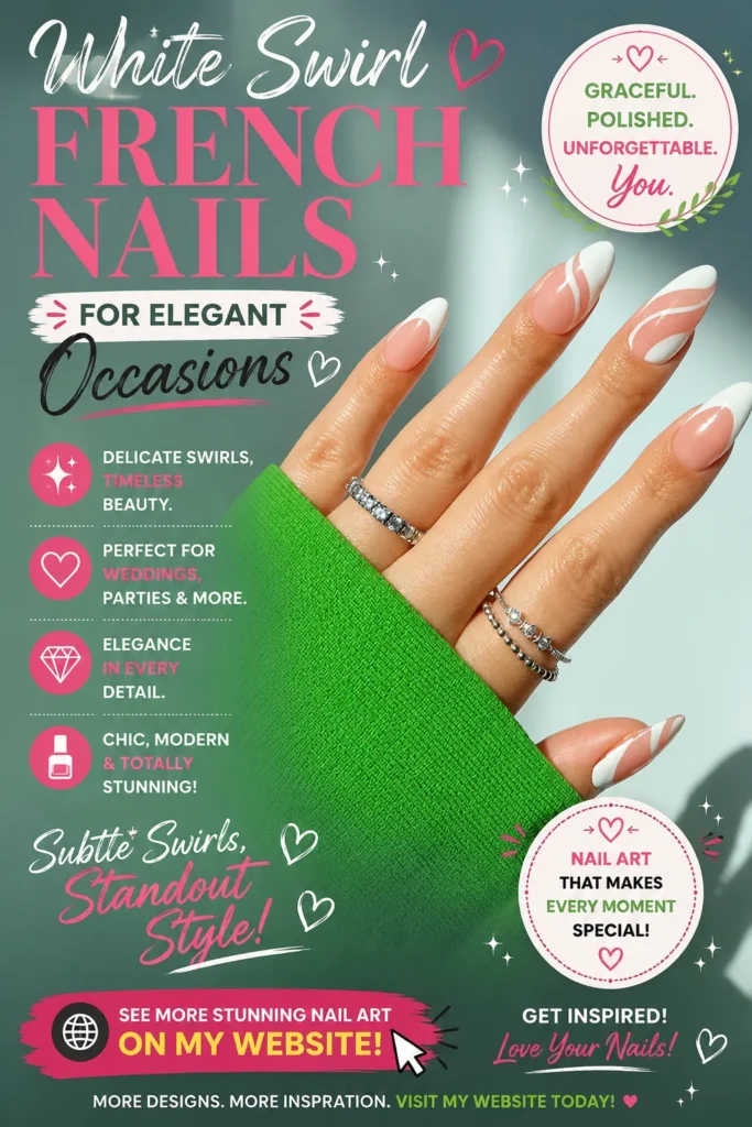 White swirl French nails featuring elegant almond-shaped nails with soft white tips and delicate swirl accents. Sophisticated manicure design perfect for weddings, bridal beauty, formal events, and modern nail art inspiration with a timeless and classy aesthetic.