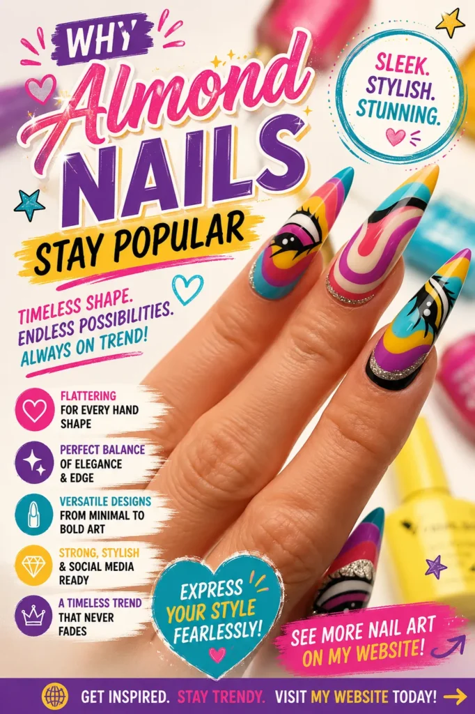 Colorful almond-shaped nail art featuring vibrant swirl patterns, abstract designs, bold rainbow colors, and glossy finishes. Trendy almond nails with artistic details for a modern, stylish manicure.