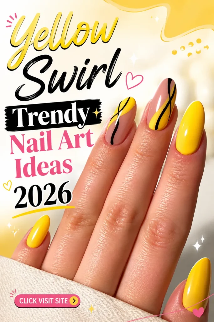 Trendy Nail Art Ideas 2026 featuring bright yellow swirl nails with glossy almond-shaped tips and elegant black abstract accents. Modern yellow nail design, trendy nails 2026, colorful manicure inspiration, acrylic nail ideas, stylish summer nails, and bold statement nail art.