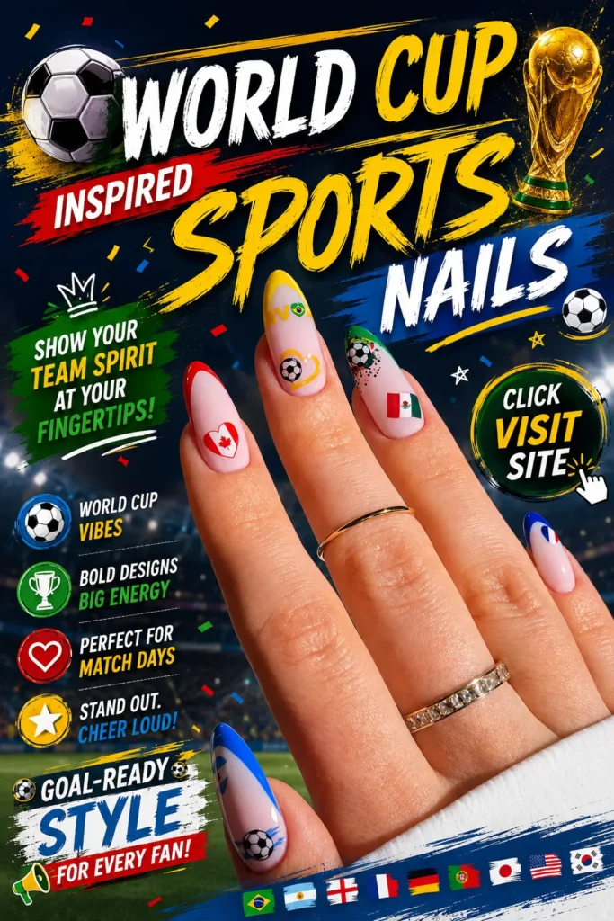 World Cup inspired sports nail art featuring soccer ball designs, country flag accents, and colorful manicure details on almond-shaped nails. Trendy nails 2026 design perfect for football fans, match day style, sporty nail inspiration, and creative nail art ideas with bold colors and championship vibes.