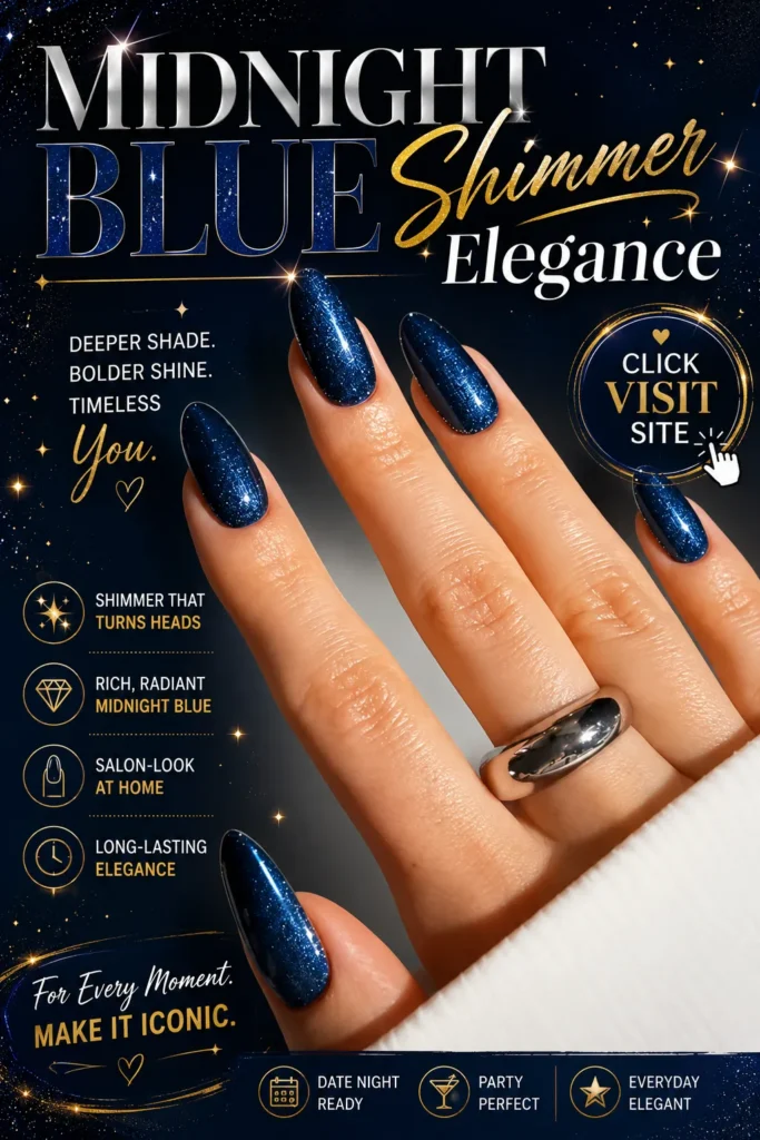 Midnight blue shimmer nails with a sparkling glitter finish on almond-shaped nails. Elegant dark blue manicure featuring glossy shimmer polish, luxurious nail art details, and sophisticated nail design inspiration perfect for parties, date nights, and trendy nail looks.