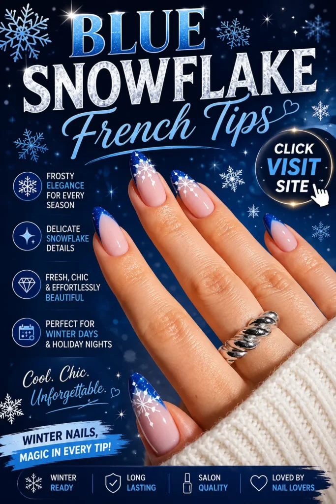 Blue snowflake French tip nails featuring icy blue glitter tips and delicate white snowflake nail art on almond-shaped nails. Elegant winter manicure with festive details, classy French tips, seasonal nail inspiration, and sophisticated nail designs perfect for holiday celebrations and winter fashion.