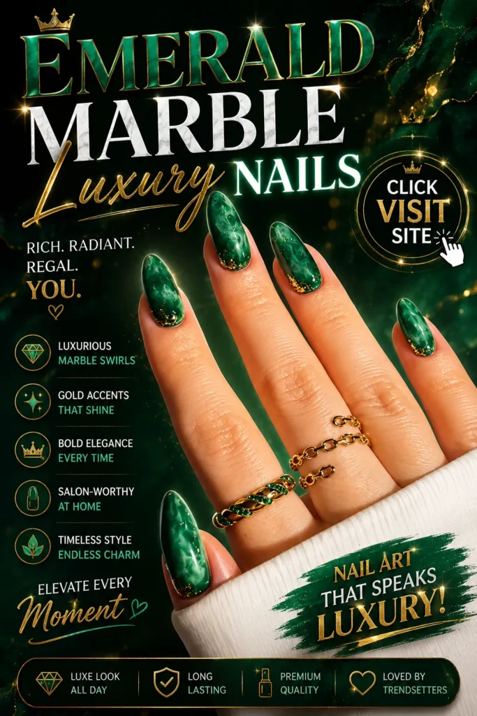 Emerald green marble nails with gold foil accents on almond-shaped nails, featuring a luxurious gemstone-inspired manicure. Elegant nail design with rich green swirls, glossy finish, and premium nail art details, perfect for trendy nail inspiration, luxury manicures, and sophisticated beauty looks.