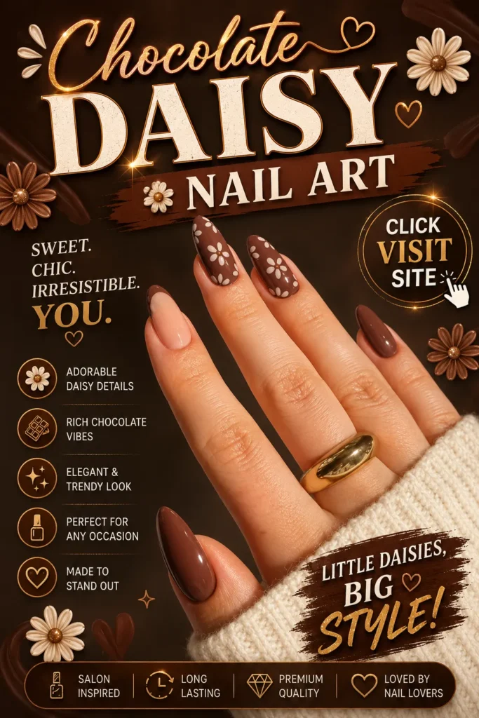 Chocolate brown daisy nail art featuring glossy almond-shaped nails with delicate white floral accents and rich cocoa tones. Elegant nail design with trendy floral details, cozy brown manicure inspiration, and stylish nail art perfect for seasonal looks, everyday elegance, and modern beauty trends.