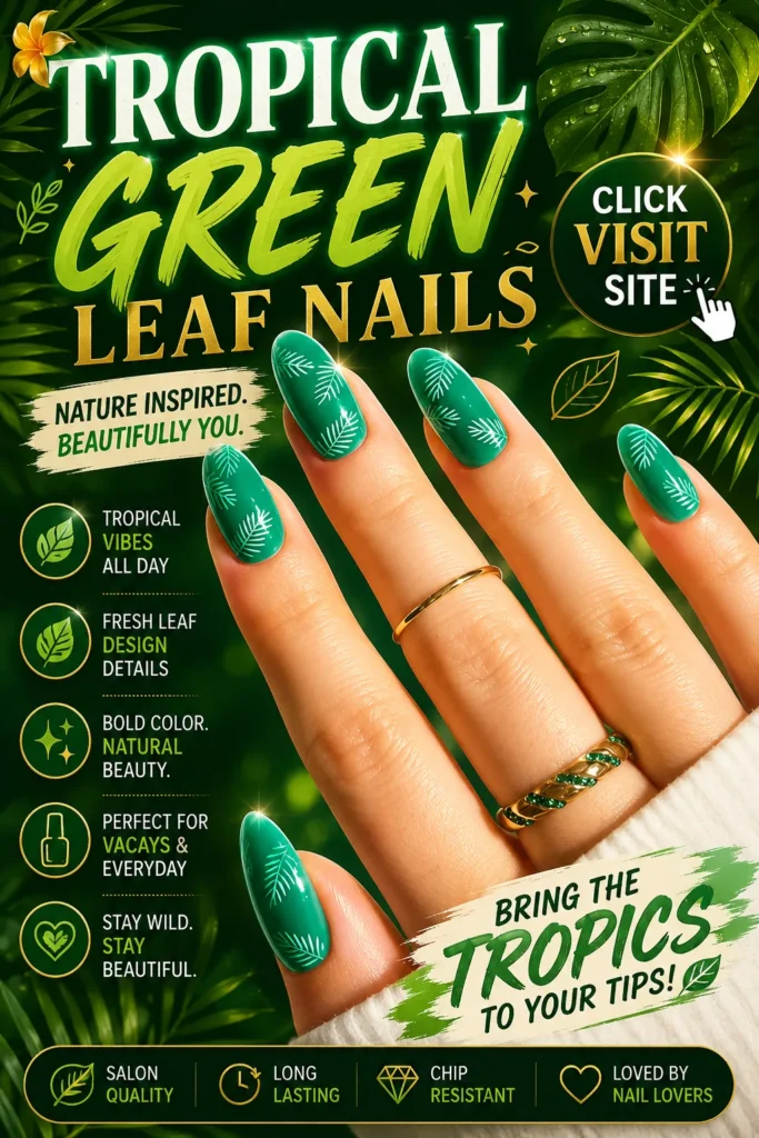 Tropical green leaf nail art featuring glossy almond-shaped nails with delicate white botanical leaf patterns. Nature-inspired manicure with vibrant green polish, elegant tropical details, and fresh summer nail design perfect for vacation nails, botanical beauty trends, and stylish everyday wear.