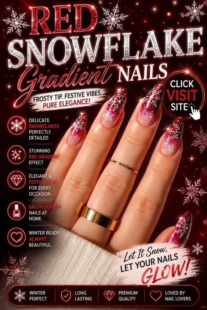 Elegant red snowflake gradient nail art featuring almond-shaped nails with sparkling red ombré tips and delicate white snowflake designs. Festive winter manicure with glitter accents, seasonal nail art, classy holiday nails, and sophisticated nail design inspiration for special occasions.
