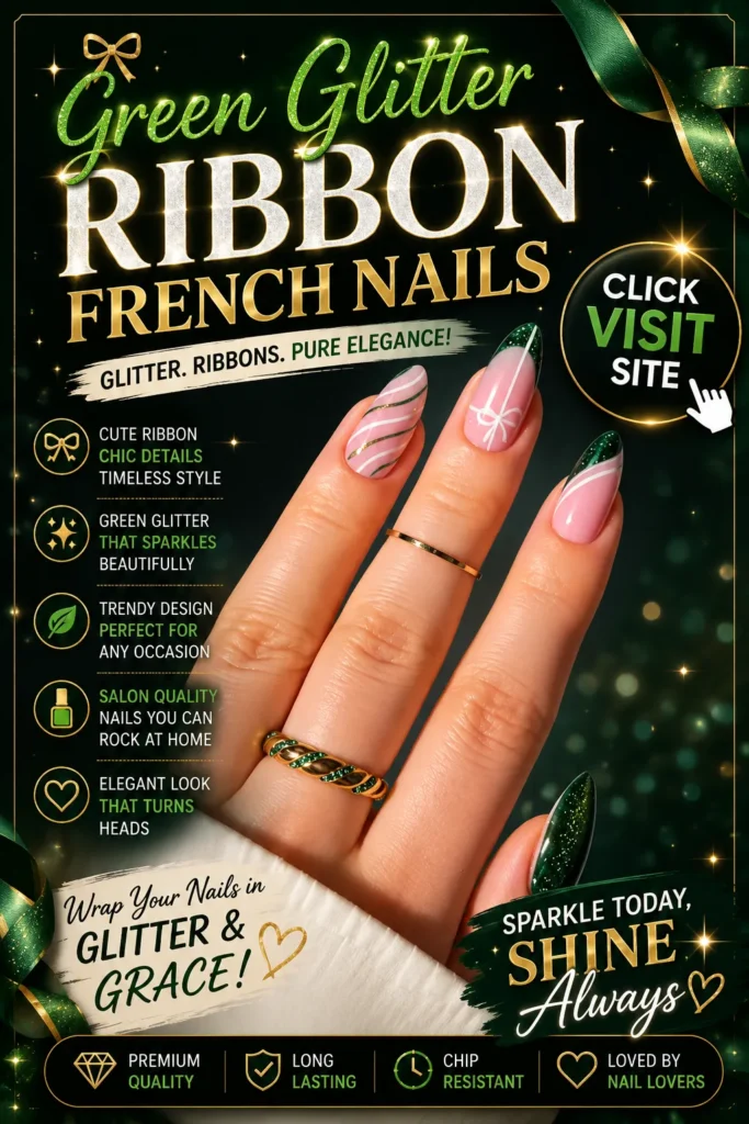 Green glitter ribbon French nail design featuring almond-shaped nails with sparkling emerald French tips, delicate white ribbon accents, soft pink base, and elegant manicure styling. Trendy nail art idea with glitter details, classy French manicure inspiration, and sophisticated nail design perfect for special occasions and everyday wear.