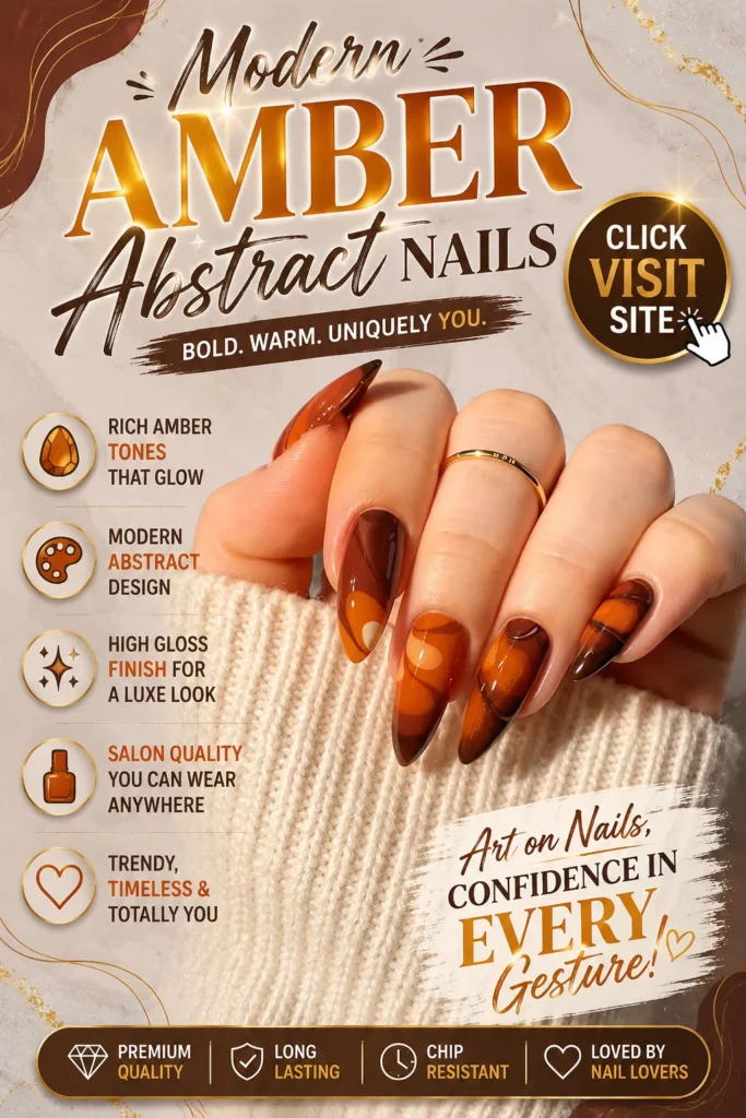 Modern amber abstract nail design featuring glossy almond-shaped nails with warm amber, caramel, and chocolate-toned swirls. Elegant abstract nail art with a high-shine finish, luxury manicure styling, trendy nail design inspiration, and sophisticated statement nails perfect for any season.