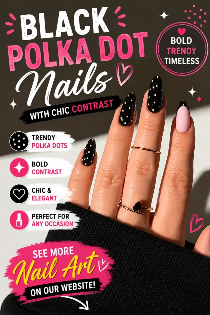 Glossy black almond-shaped nails decorated with white polka dots and a nude accent nail featuring a black French tip. A modern, chic black-and-white manicure that's perfect for everyday style, elegant occasions, and 2026 nail trends.