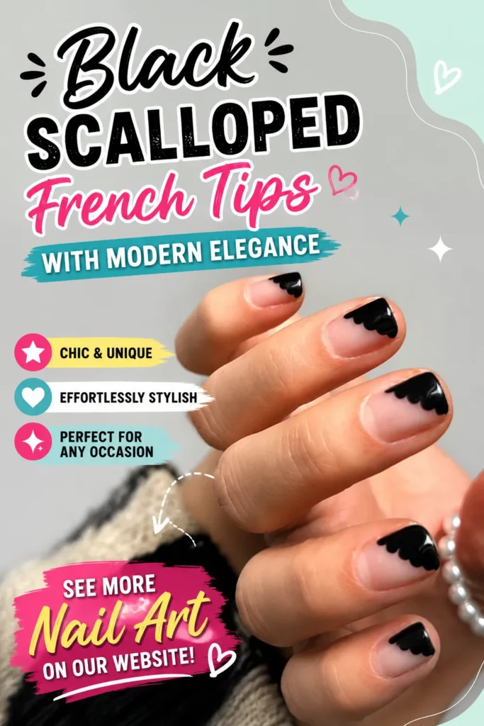 Close-up of elegant black scalloped French tip nails on short natural nails with a nude base. A modern minimalist French manicure featuring glossy black scalloped edges, perfect for classy everyday wear and 2026 nail trends.
