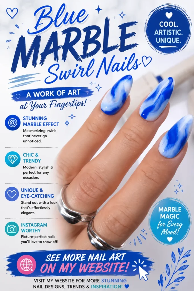 Blue Marble Swirl Nails Elegant almond-shaped blue marble swirl nails with flowing white and royal blue marble patterns. A modern artistic manicure featuring glossy blue nail art, perfect for summer, vacations, special occasions, and 2026 nail trends.