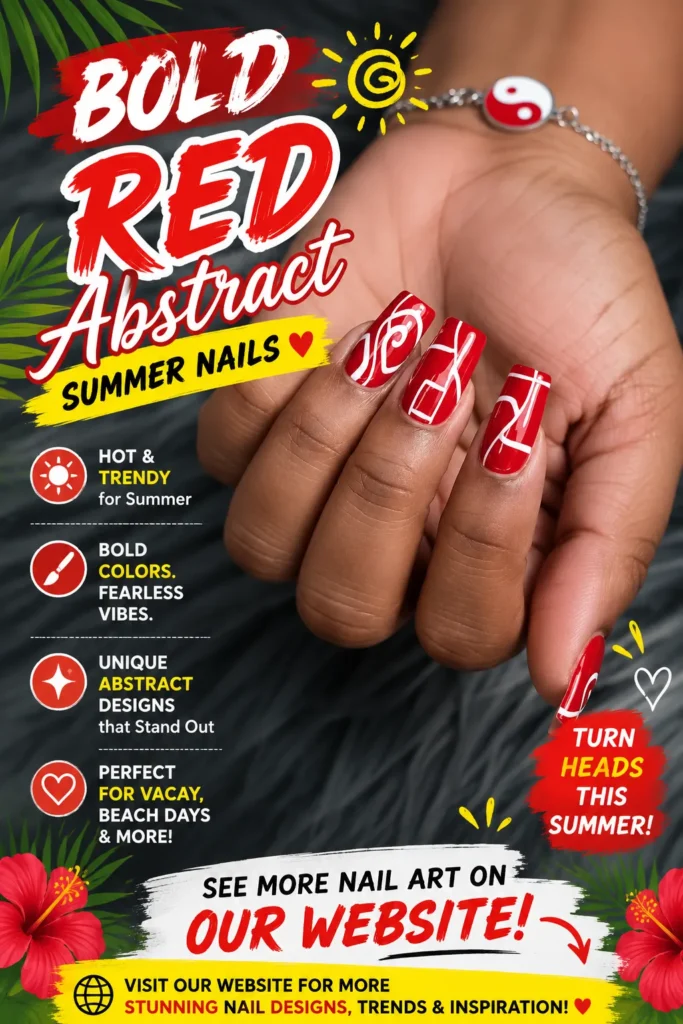 Bold Red Abstract Summer Nails Bold red square-shaped summer nails featuring modern white abstract line art on a glossy finish. A vibrant, artistic manicure perfect for beach vacations, tropical summer style, parties, and 2026 nail trends.