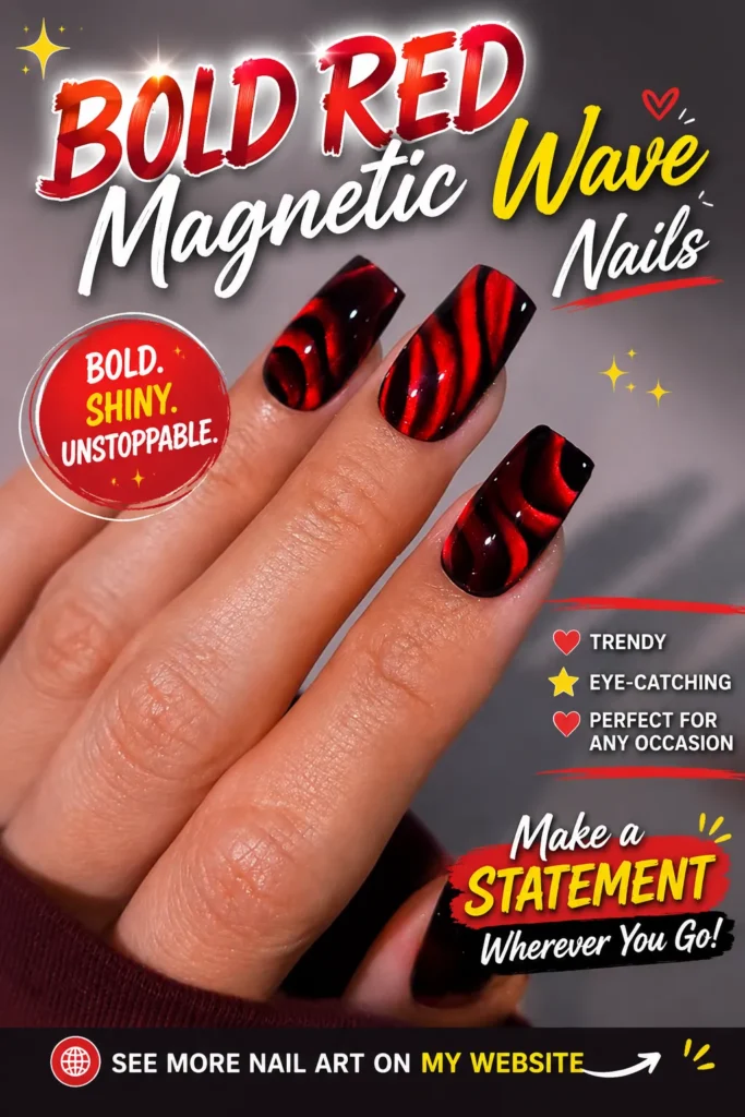 Bold Red Magnetic Wave Nails Bold red magnetic wave nails with a glossy cat-eye effect and deep crimson shimmer. A dramatic manicure featuring black and red magnetic nail art, perfect for trendy nail inspiration, parties, and elegant evening looks.