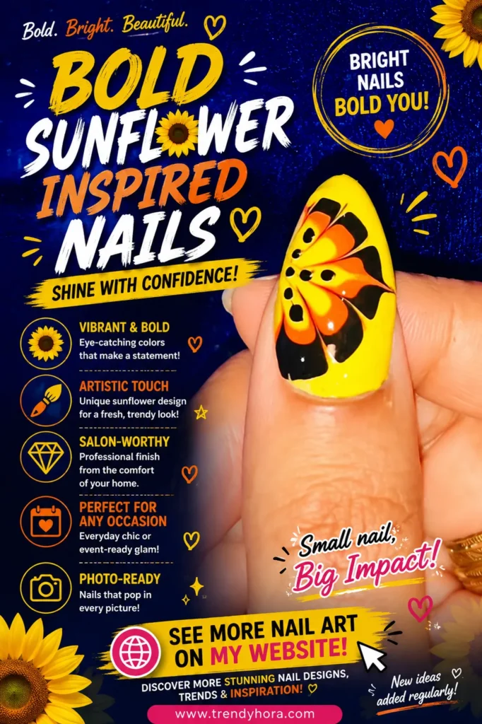 Bold Sunflower Inspired Nails Close-up of a bright yellow almond-shaped nail featuring a bold sunflower-inspired floral design in black and orange. A vibrant summer nail art manicure perfect for vacations, sunny days, floral nail lovers, and the latest 2026 nail trends.
