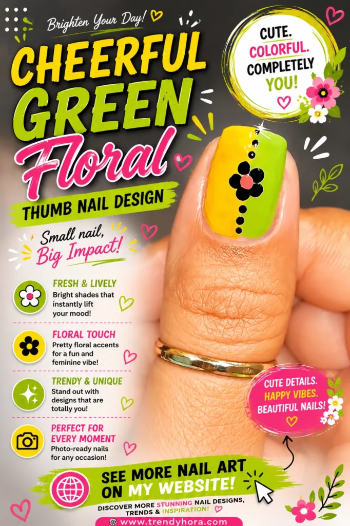 Cheerful Green Floral Thumb Nail Design Close-up of a cheerful green and yellow thumb nail featuring a cute black floral design with a pink center. A colorful, playful nail art design perfect for spring, summer, everyday wear, and the latest 2026 nail trends.