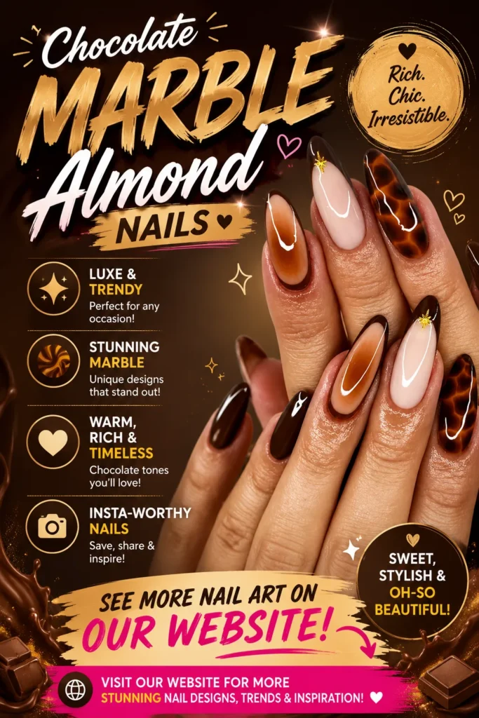Chocolate Marble Almond Nails Elegant almond-shaped nails featuring glossy chocolate brown marble designs, rich mocha tones, nude accents, and luxurious tortoiseshell-inspired patterns. A sophisticated manicure perfect for fall, special occasions, everyday elegance, and 2026 nail trends.