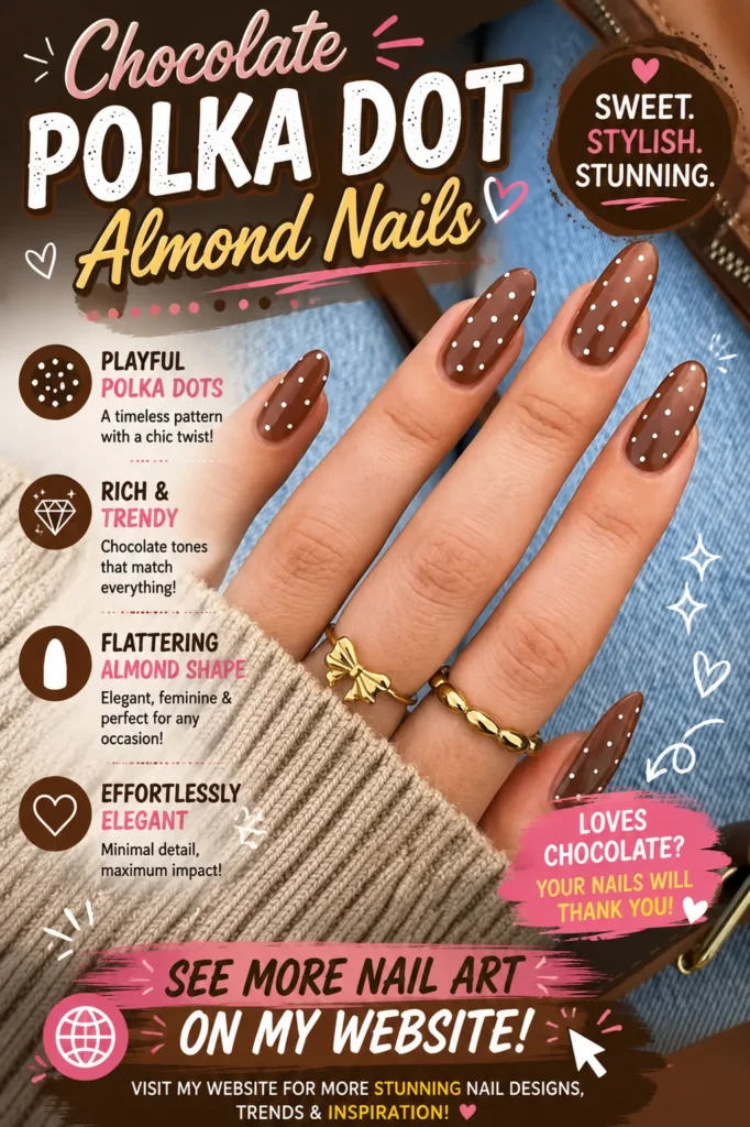 Chocolate Polka Dot Almond Nails Chocolate brown almond-shaped nails decorated with tiny white polka dots, creating a chic and elegant minimalist manicure. A stylish glossy nail design perfect for everyday wear, fall fashion, classy outfits, and trendy nail inspiration for 2026.