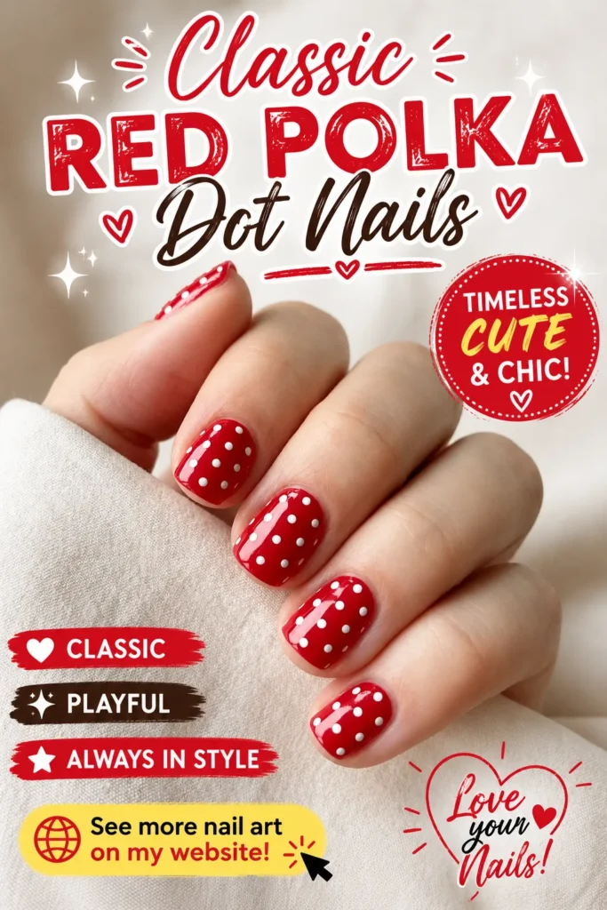 Classic Red Polka Dot Nails Classic short red nails with glossy cherry red polish and evenly spaced white polka dots. A cute retro-inspired manicure that is playful, timeless, and perfect for summer, everyday wear, and 2026 nail trends.