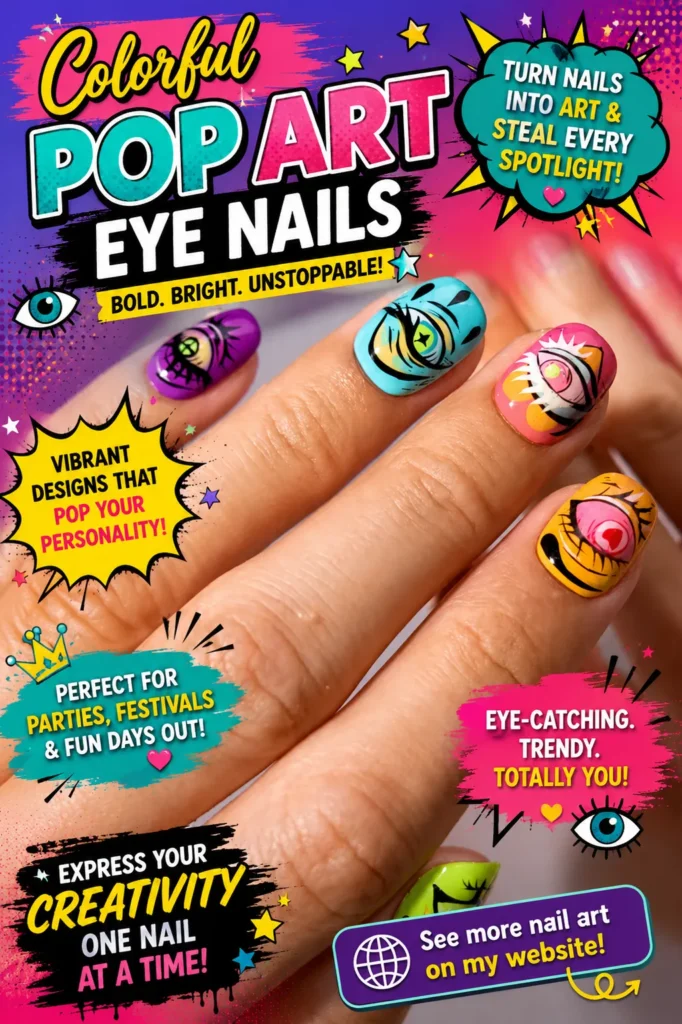 Colorful Pop Art Eye Nails Colorful pop art eye nail design featuring vibrant comic-style artwork, bold eye illustrations, and artistic almond nails. A creative manicure perfect for festivals, parties, summer fashion, and trendy 2026 nail inspiration.