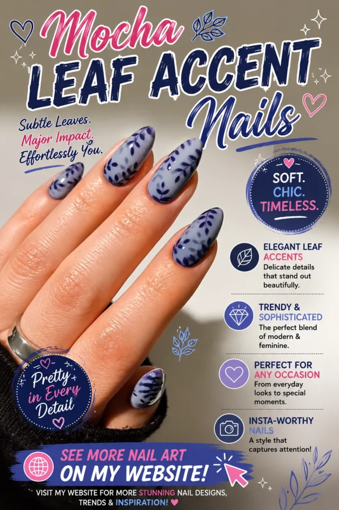 Dusty Blue Botanical Nails Elegant dusty blue almond-shaped nails featuring delicate botanical leaf patterns on a matte finish. A chic minimalist manicure with soft blue tones and nature-inspired nail art, perfect for everyday elegance, summer style, and 2026 nail trends.