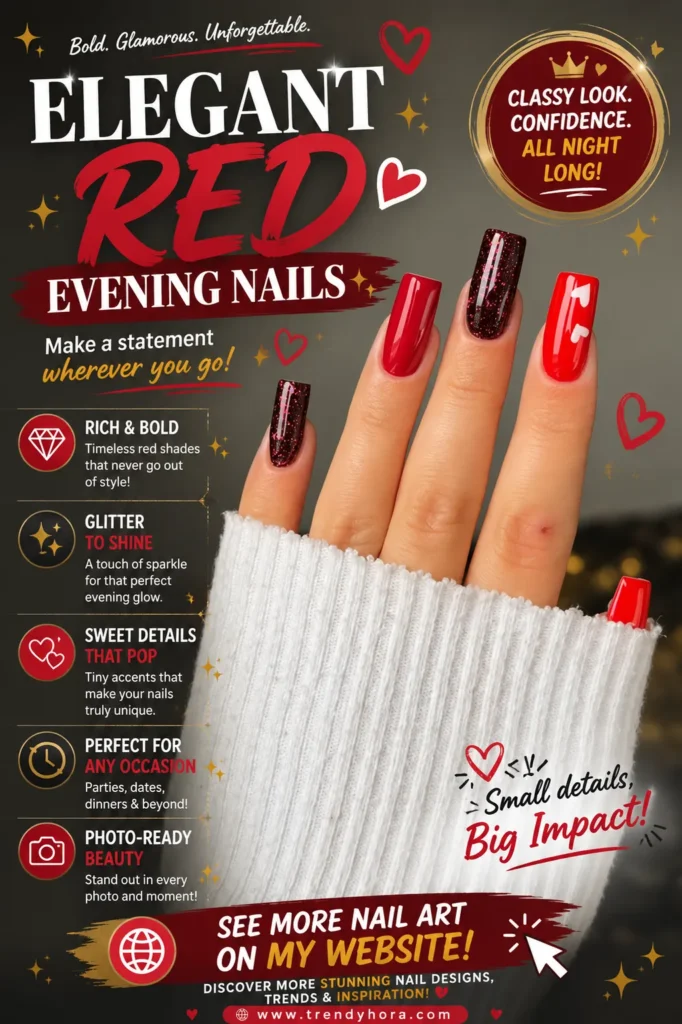 Elegant Red Evening Nails Close-up of elegant square-shaped red evening nails with glossy red polish, glitter accent nails, and subtle heart details. A glamorous manicure perfect for parties, date nights, holiday celebrations, and the latest 2026 nail trends.
