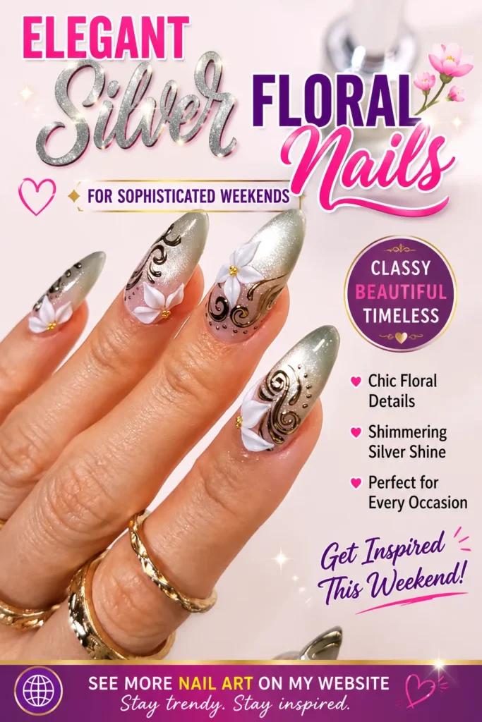 Elegant Silver Floral Nails for Sophisticated Weekends Elegant silver almond nails featuring shimmering metallic polish, white 3D floral accents, and intricate swirl designs. A classy and feminine manicure perfect for weddings, special occasions, and trendy nail art inspiration.