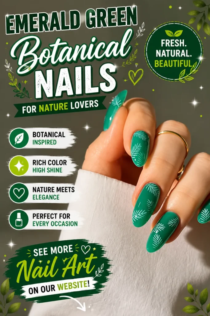 Elegant emerald green almond-shaped nails featuring delicate white botanical leaf designs on a glossy finish. A fresh nature-inspired manicure perfect for summer, everyday elegance, special occasions, and 2026 nail trends.
