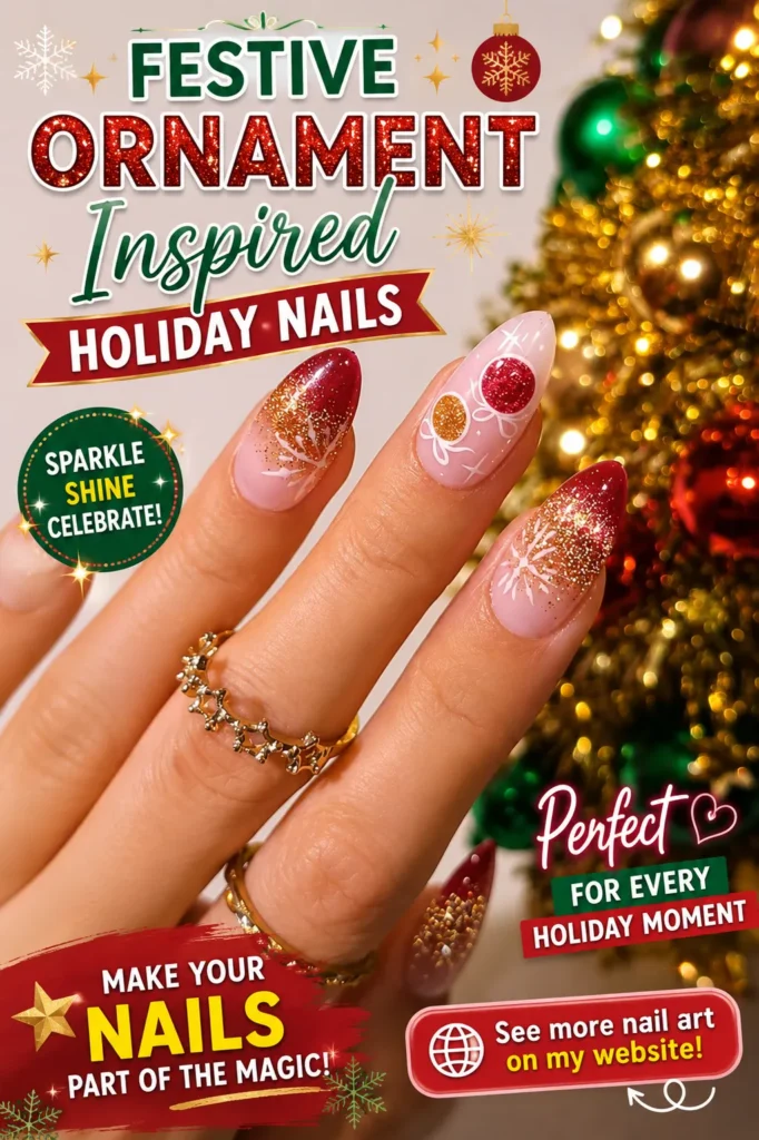 Festive Ornament Inspired Holiday Nails Festive holiday almond nails featuring glittery red tips, Christmas ornament nail art, snowflake details, and elegant seasonal designs. A sparkling holiday manicure perfect for Christmas parties, winter celebrations, and festive nail inspiration.
