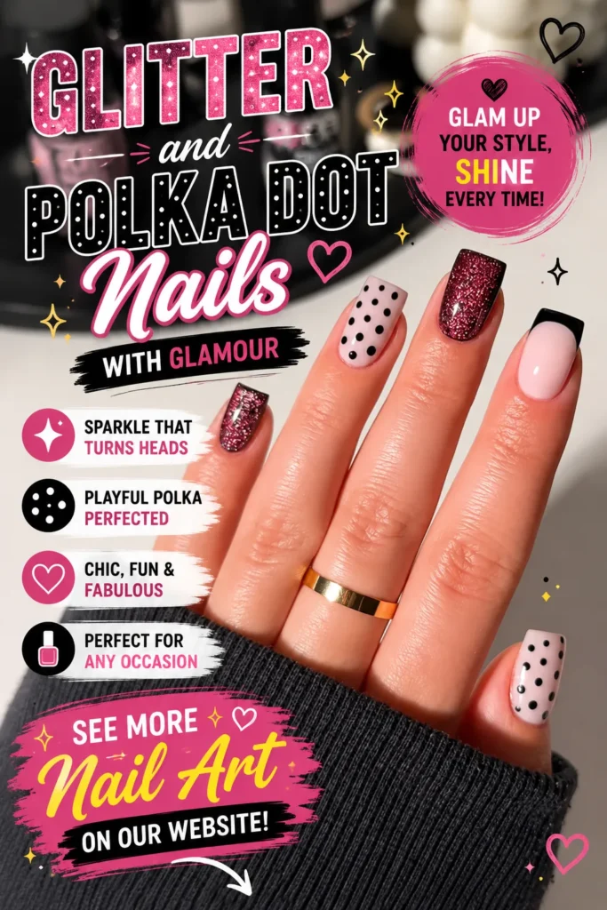 Close-up of glamorous square-shaped nails featuring sparkling pink glitter polish, black polka dot nail art on a nude base, and elegant black French tips. A stylish manicure perfect for parties, special occasions, and 2026 nail trends.