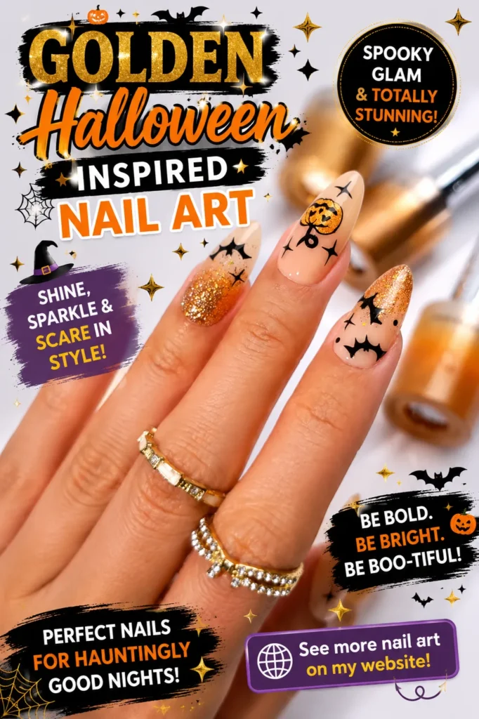 Golden Halloween Inspired Nail Art Golden Halloween-inspired almond nails featuring glitter gold polish, pumpkin nail art, black bat accents, and spooky seasonal details. A trendy festive manicure perfect for Halloween parties, fall fashion, and 2026 nail inspiration.